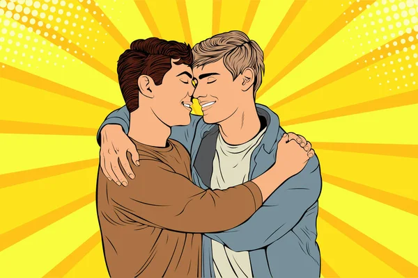 同性恋夫妇拥抱和亲吻 骄傲的男同性恋喜欢流行艺术中的矢量插画复古漫画风格 — 图库矢量图片