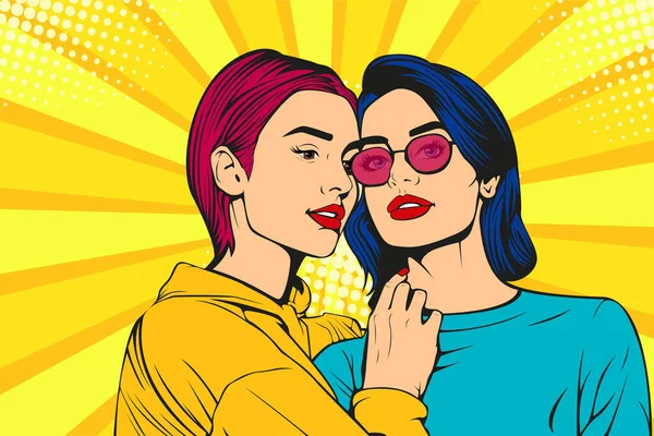 Lezbiyen Çift Sarılıp Öpüşüyor Gururlu Kızlar Pop Sanatı Retro Çizgi — Stok Vektör