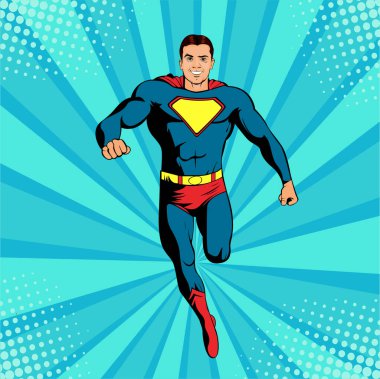 Erkek iş adamı süper kahraman. Komik tarzda güçlü bir iş adamı. Pop Art retro mizah tarzında başarı illüstrasyonu.