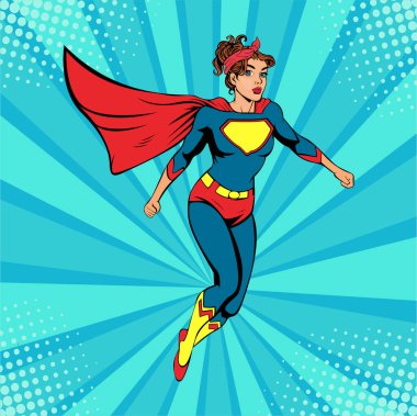 Kadın iş kadını süper kahraman. Takım elbiseli güçlü bir kadın. Pop Art retro mizah tarzında başarı illüstrasyonu.