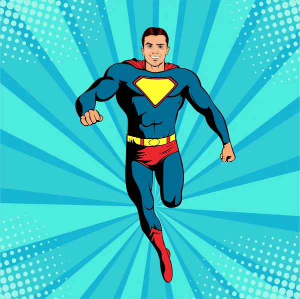 Erkek iş adamı süper kahraman. Komik tarzda güçlü bir iş adamı. Pop Art retro mizah tarzında başarı illüstrasyonu.