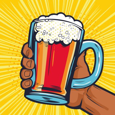 Foamy glass mug of beer in african american male hand. Fast food illustration in pop art retro comic style