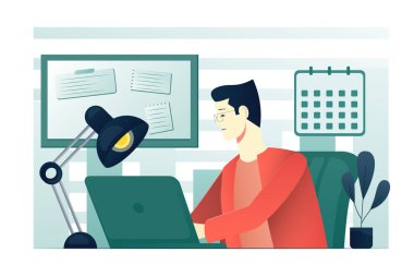 Dizüstü bilgisayarda çalışan erkek karakter. Çalışma süreci konsepti