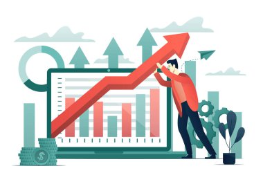 İşadamı oku bir çizelgede tutuyor. Kâr ve iş büyümesi. Kriz konseptini korumak