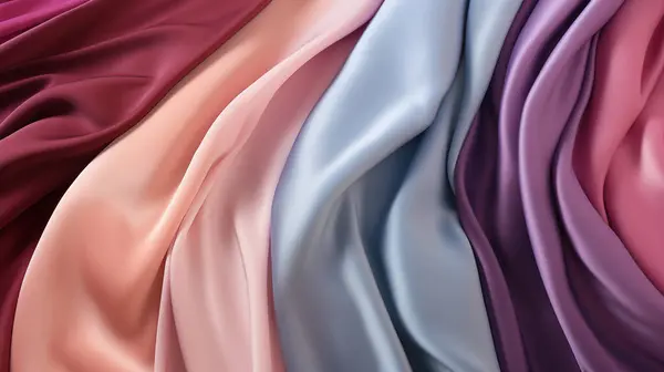 丝绸织物 紫色和粉色特写面料的色泽 波浪形流线型窗帘 光泽抛光 — 图库照片#
