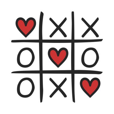 Tic Tac Toe ya da Naughts and Cross oyununda kalpler vektör illüstrasyonunda aşk kavramı olarak kullanılır.