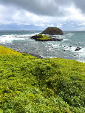 The Nobbies 'in eskiden Seal Rocks olarak bilinen tahta kaldırımdan Victoria, Avustralya' daki dramatik manzarası.