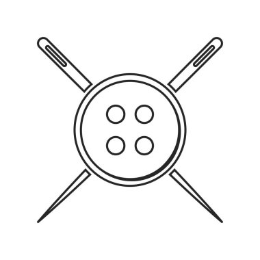 Needlecraft ya da elbise kuyruğu konsepti iki dikiş iğnesinin ana hatlı vektör düğmesinin arkasında kesişmesi