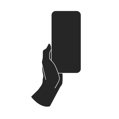 Siyah doldurma vektörü içinde kopyalama alanı için boş bir ekran içeren cep telefonu veya cep telefonu modeli tutan bir kişi