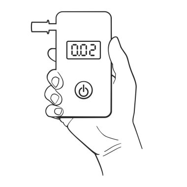 Kandaki alkol ya da nefes alkol miktarını ölçmek için bir alkol ölçer cihazını elinde tutarken, sözlük ve dijital görüntü vektörü kullanılıyor.