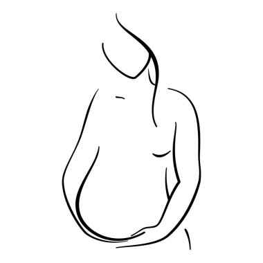 Hamile bir kadın, annelik kavramları için minimalist çizgiler çizerek karnını tutar.