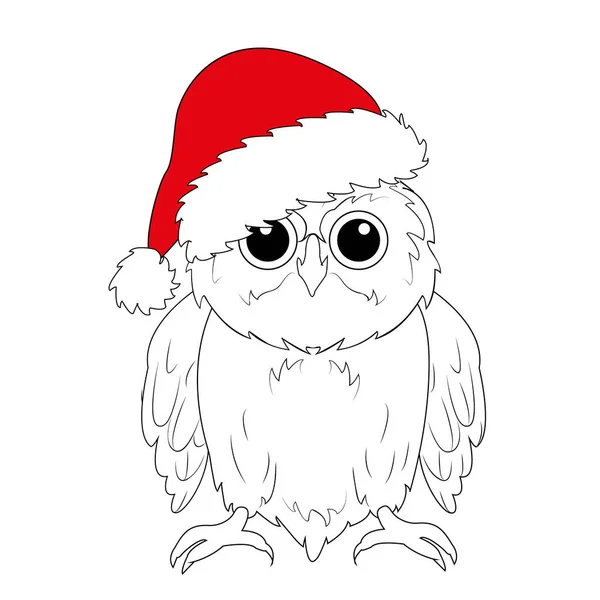 新年快乐 圣诞猫头鹰戴着圣诞老人的帽子手绘卡片 — 图库照片