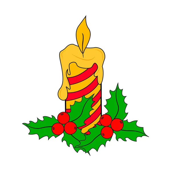 Hollyblad Och Röda Bär Brännande Ljus Firandet Nyår Och Jul — Stockfoto