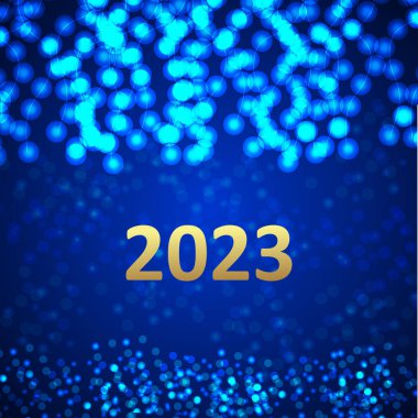 Yeni yıl 2023. Renkli, bulanık bir arkaplanda çelenk ve konfeti parıltısı