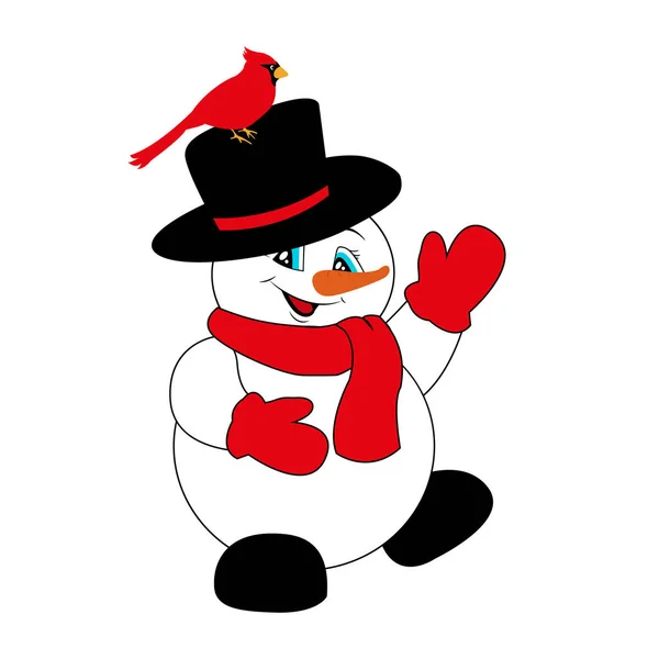 Leuke Sneeuwpop Met Hoed Sjaal Wanten Kardinaal Vogel Kerstmis Nieuwjaar — Stockfoto
