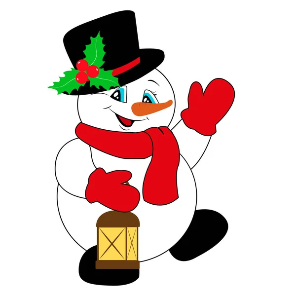 Χιονάνθρωπος Ένα Καπέλο Holly Μαντήλι Και Γάντια Ρετρό Φανάρι Χριστούγεννα — Φωτογραφία Αρχείου