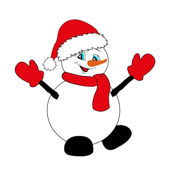 赤いサンタの帽子 スカーフ ミトンの白い雪だるま クリスマスと新年 — ストック写真