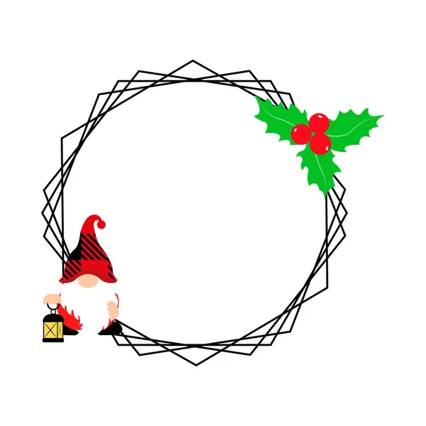 Gnome Mit Retro Taschenlampe Weihnachtsrahmen Mit Stechpalme Bannerdesign Element Plakat — Stockfoto
