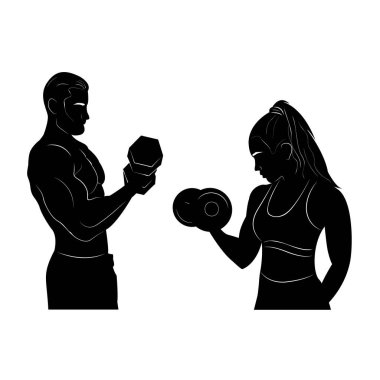 Siluet. Eğitimdeki kadın ve erkek. Dambıllar. Fitness. Logo. Spor. Spor salonu. Vücut geliştirme