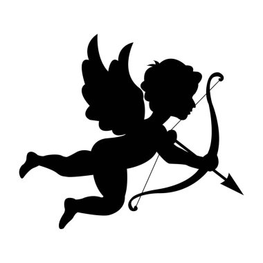 Sevimli küçük aşk tanrısı yaydan bir aşk oku fırlatıyor. Sevgililer Günü. Siluet. Aşk