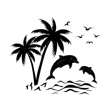Palmiye ağaçları ve martılar. Deniz ve yunuslar. Rahatlama, özgürlük ve doğal uyum sembolleri. Yaz havası ve sükunet. Tropik sahil