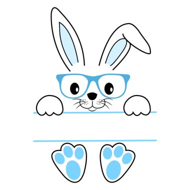 Mutlu Paskalya Tavşanı - vektör çizimi. Şirin tavşan, monograma bölünmüş. Beyaz tavşan izole edilmiş. Çizgi film karakteri.