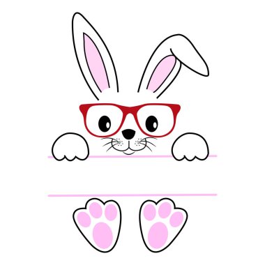 Mutlu Paskalya Tavşanı - vektör çizimi. Şirin tavşan, monograma bölünmüş. Beyaz tavşan izole edilmiş. Çizgi film karakteri.