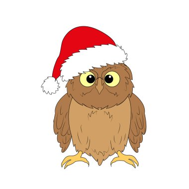 Noel Baba 'nın şapkasında baykuş var. Mutlu yıllar ve mutlu Noeller. Kart