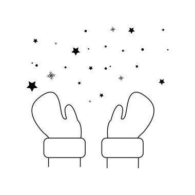 Noel Baba kar attı. Kar taneleri düşüyor. Noel Baba 'nın eldivenleri. Beyaz arkaplan