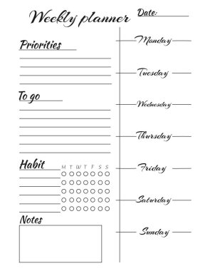 Hatırlatma, planlar, hedefler, görevler, notlar, programlar. Kişisel haftalık.