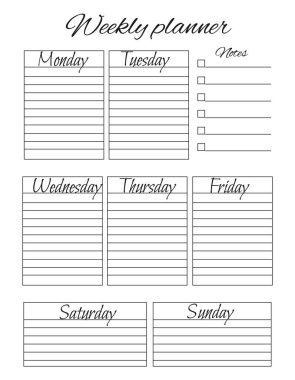 Haftalık kişisel planlamacı. Planlar, hedefler, görevler, kurulumlar, dağıtımlar, zamanlamalar