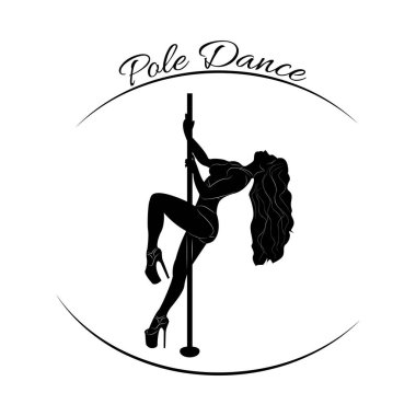 Logo. Direk dansı. Beyaz arka planda bir kızın silueti ve bir direk. Sütun. Fitness