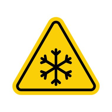 Kar yağışı işareti. Kar yağışı uyarısı. İçinde kar tanesi ikonu olan sarı üçgen işareti. Dikkat, kar yağışı, kaygan yol. Yol işareti kar yağışı. Kar ve buz işareti