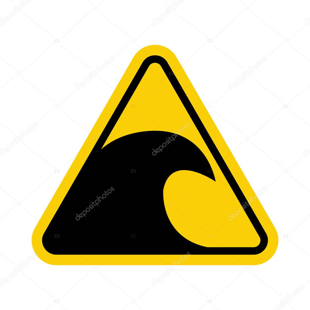 Tsunami sign. Tsunami warning sign. Yellow triangle sign with tsunami wave icon inside. Beware of big waves. Risk of drowning. Storm warning
