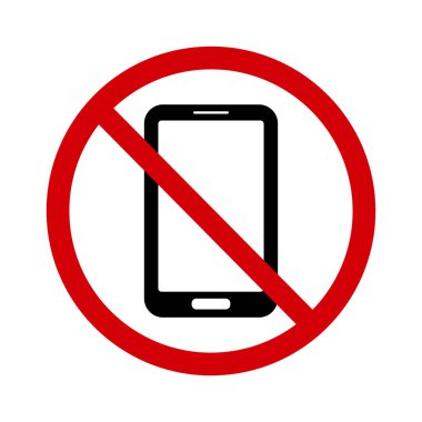 Telefon işareti yok. Yasak işareti, telefonu kullanmayın. Kırmızı kesilmiş daire ve içinde telefon silueti var. Telefona izin yok. Yasağı ara. Yuvarlak kırmızı dur işareti. Cep telefonu yok