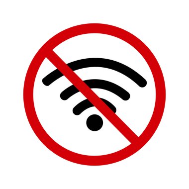 Kablosuz internet yok. Yasak işareti, kablosuz ağ yok. İçinde kablosuz internet ikonu olan kırmızı bir daire. Karıma izin yok. WiFi yasağı. Yuvarlak kırmızı dur Wi-Fi işareti