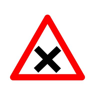 Yol ayrımını imzala. Uyarı işareti eşdeğer yollardan geçiyor. İçinde siluet haçı olan kırmızı üçgen işareti. Eşit yollarla kesişen yollar