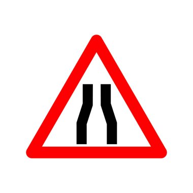 Yol daraltma işareti. Uyarı levhası her iki tarafı da daraltıyor. Kırmızı üçgen işareti ve içinde daralan çizgiler var. Her iki taraftaki yolu daraltıyorum. Yol işareti