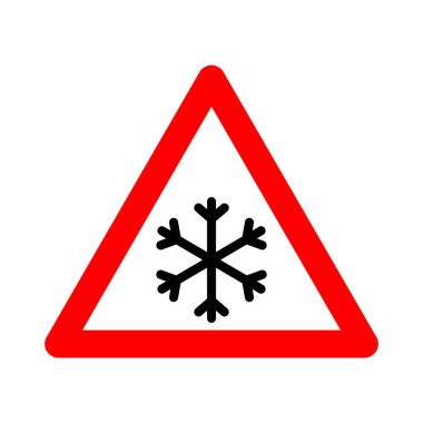 Kar yağışı işareti. Kar yağışı uyarısı. İçinde kar tanesi ikonu olan kırmızı üçgen işareti. Dikkat, kar yağışı, kaygan yol. Yol işareti kar yağışı. Kar ve buz işareti