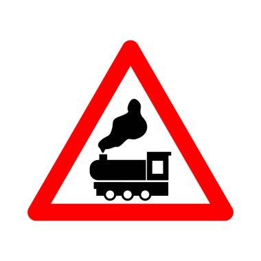 Demiryolu geçidi tabelası engelsiz. Demiryolu geçidi uyarısı. İçinde tren silueti olan kırmızı üçgen işareti. Önümüzde demiryolu var. Yol işareti