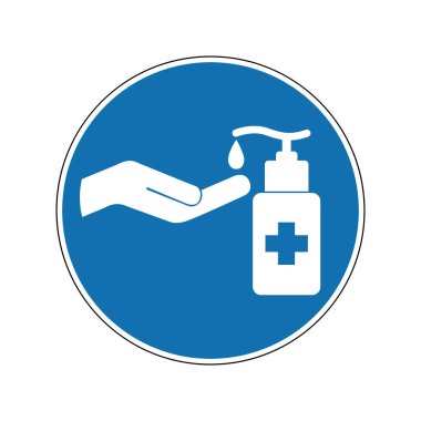 El dezenfektanı işareti. Zorunlu işaret. Yuvarlak mavi tabela. El hijyeni ürünlerini kullan. Ellerini yıka ve dezenfekte et. Hijyen kurallarına uyun.