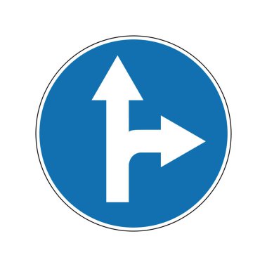 İşaret sağa ya da sola hareket et. Zorunlu işaret. Yuvarlak mavi tabela. Düz git ve sağa dön. İşaret sadece sağa ve dümdüz hareket etmesine izin veriyor. Yol kurallarına uy. Yol işareti