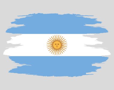 Arjantin bayrağı hasar gördü. Grunge desenli Arjantin bayrağı. Bağımsızlık Günü. Pankart, poster şablonu. Ulusal Arjantin bayrağı ve ceket kolları. Eyalet bayrağı mürekkeple çizildi