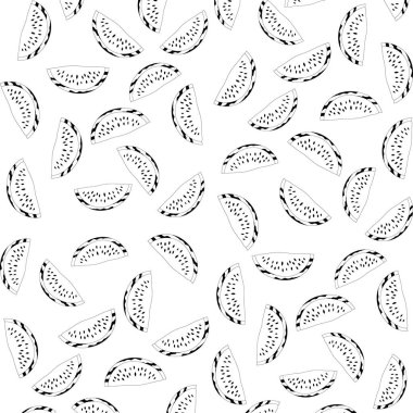 Karpuz deseni. Karpuz silueti. Siluet karpuz dilimleri. Meyve ve dut karışımının arka planı. Tebrik kartları, posterler, yamalar, giysilerdeki izler, amblemler. Desen