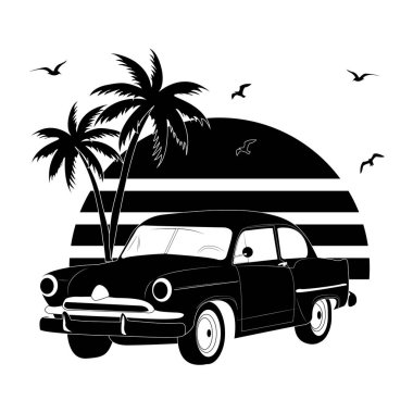 Yaz plajında eski bir araba. Siluet palmiye ağaçları ve günbatımı. Tebrik kartları, posterler, yamalar, giysilerdeki izler, amblemler, dövmeler. Uçan martılar. Kumsalda güneş