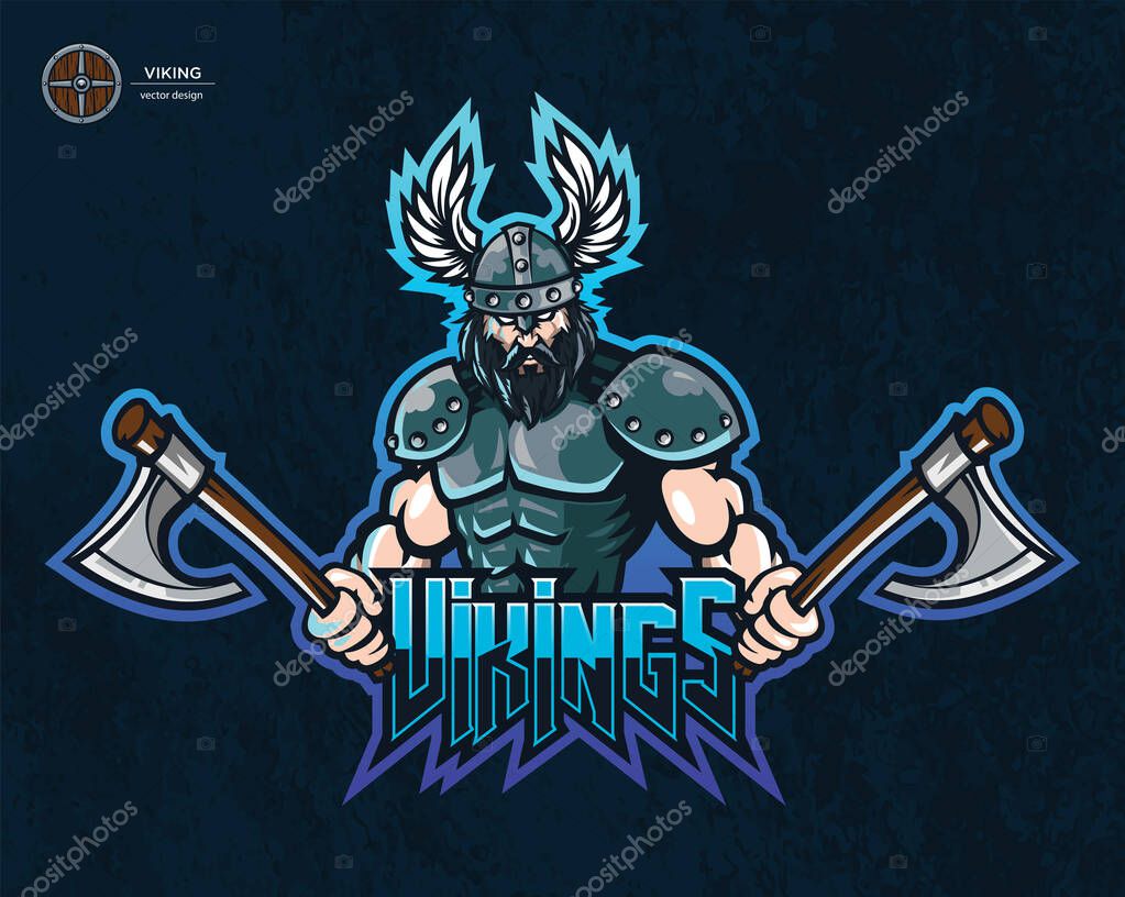 Viking warrior fighting pose with 2 axes, vector illustration