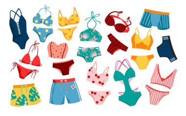 Mayo vektör illüstrasyonunu ayarladı. Karikatür erkek ve kadın için izole edilmiş mayo, kızlar için bikini ve sutyen, erkekler için boksör ve şort, plaj partisi için renkli şık yazlık elbise