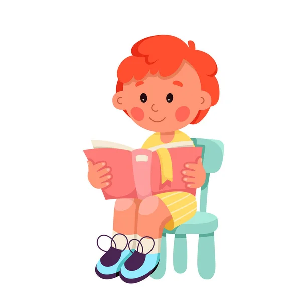 Netter Kleiner Junge Liest Buch Vektor Illustration Karikatur Isoliertes Kind — Stockvektor