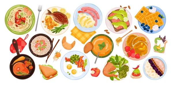 Chutné Jídlo Set Vektorové Ilustrace Cartoon Izolované Cereálie Snídaně Ovocem — Stockový vektor