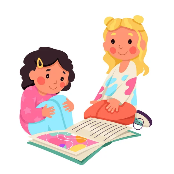 Cute Little Girls Read Book Together Vector Illustration Cartoon Isolated — Stock Vector